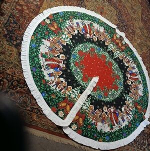 Festive Christmas Tree Skirt with Santa and Bells. Sz. 51/2 Foot Diameter